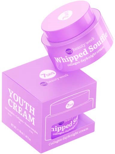 Ein lila Behälter und Schachtel mit Whipped Souple Creme für Schönheit, mit Text über Kollagen und Tagespflege.