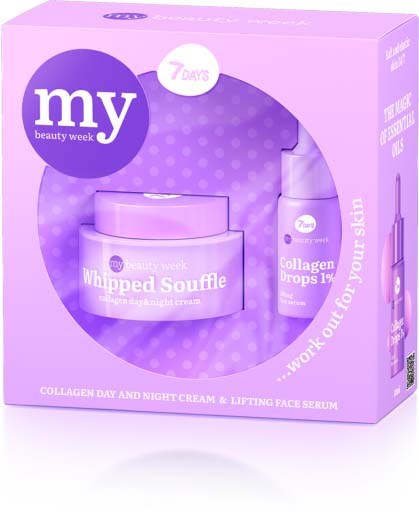 Hautpflege-Set in Pink und Lila mit Creme, Serum und Tropfen für Hautpflege, gekennzeichnet 'my beauty week' mit Kollagen.