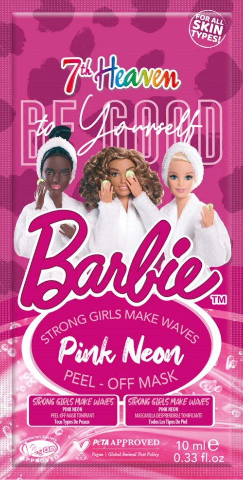 Rosa förpackning med dockor och text, som marknadsför en peel-off mask för tjejer kallad Barbie Pink Neon.