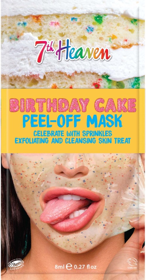 A young woman with a face covered in colorful sprinkles, holding a peel-off mask package. The package promotes a birthday cake-themed skin treat.
