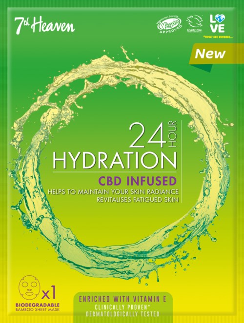 Grøn emballage med splash-design, fremhæver 24-timers hydrering, CBD-tilsat, E-vitamin og hudfordele.