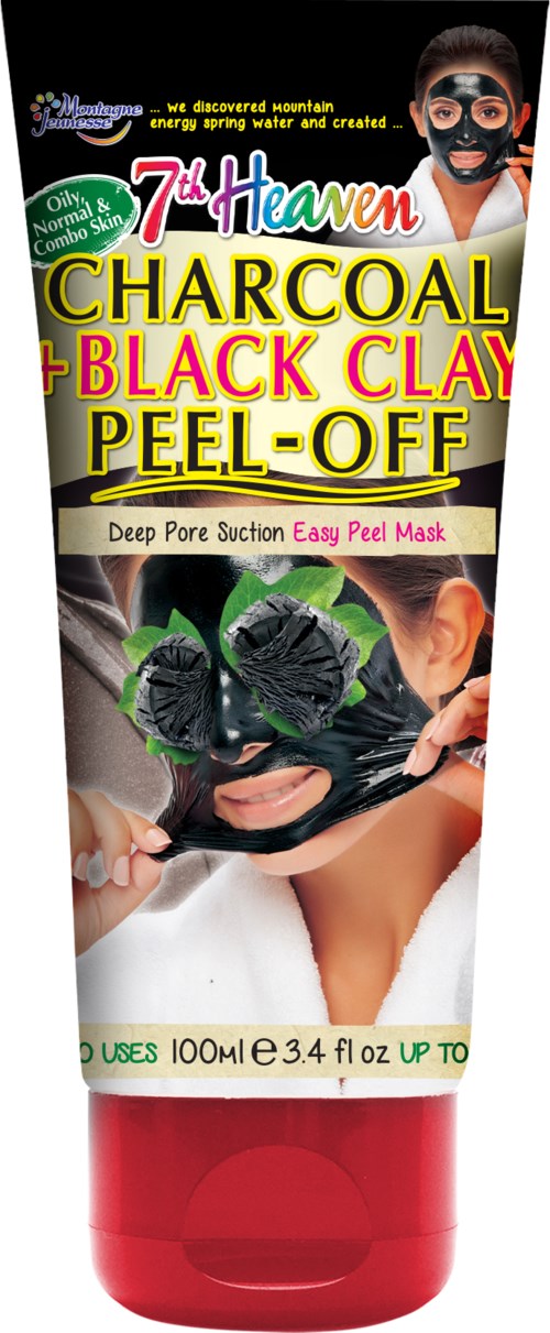 A tube of charcoal and black clay peel-off mask with a child showing the mask on his face.
