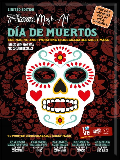 A colorful sugar skull illustration with decorative patterns, hearts, and flowers, promoting a Day of the Dead face mask.