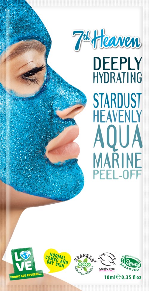 Ansikte med blå glitter ansiktsmask och produktnamn och funktioner listade vertikalt.