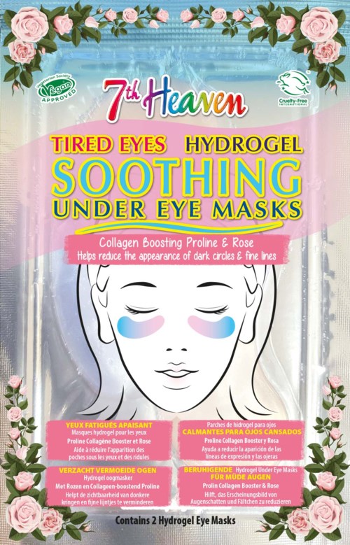 A face with closed eyes, under eye masks, on colorful packaging with flowers and pink accents.