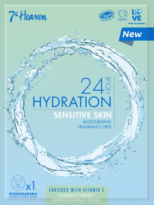 En hudplejemaske til følsom hud, giver 24 timers hydration, med E-vitamin, i biologisk nedbrydeligt bambusmateriale.