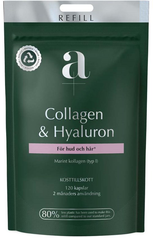 Green refill bag for collagen and hyaluron supplement, supports skin health, contains 120 capsules, lasts two months.