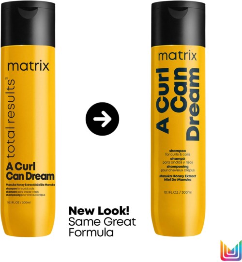 Two shampoo bottles show a new label design but the same formula for curly hair care.