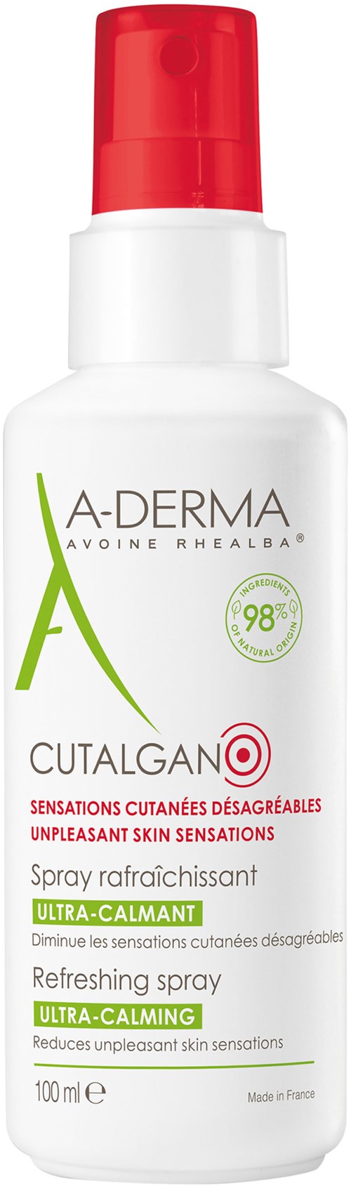 A white spray bottle with a red cap, labeled for calming skin sensations, contains 100ml of refreshing, soothing spray.
