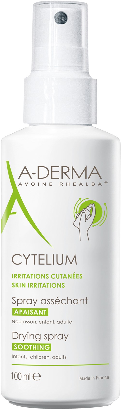 Bottle of A-Derma Cytelium soothing spray for skin irritations, suitable for all ages, made in France.