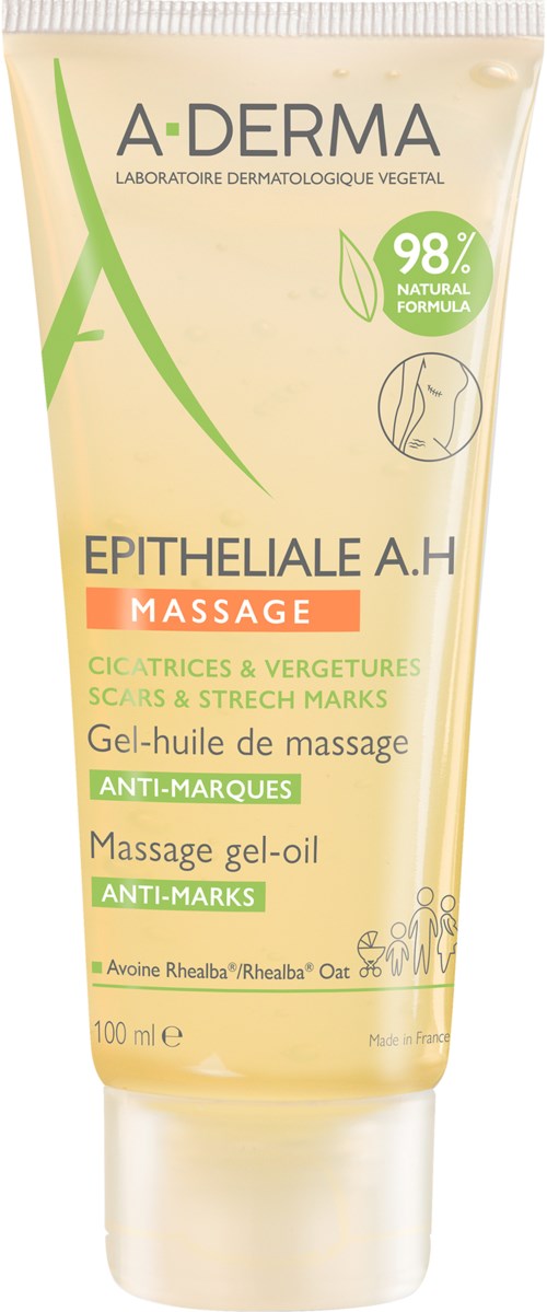 A tube of A-DERMA Epithéliale A.H. massage gel with natural ingredients, focusing on scar and stretch mark reduction.
