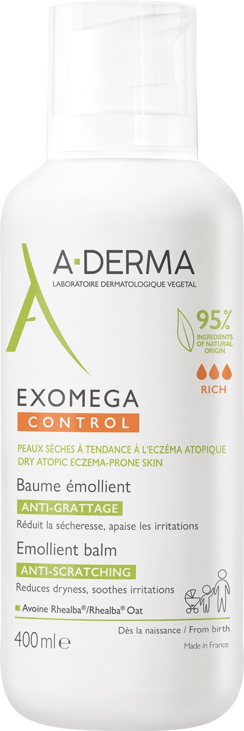 A white bottle with green, orange, and black text, labeled as anti-scratching balm for dry, itchy eczema-prone skin.