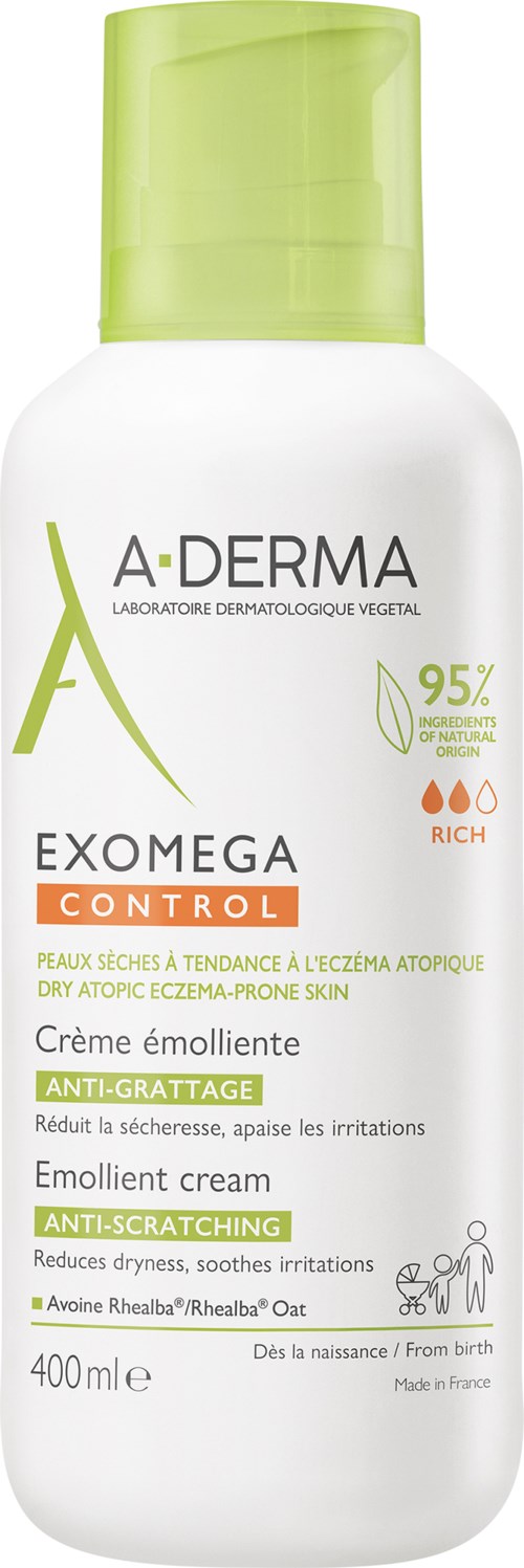 A white bottle with a green cap, labeled for dry, itchy, eczema, and irritated skin relief, containing 400 ml.