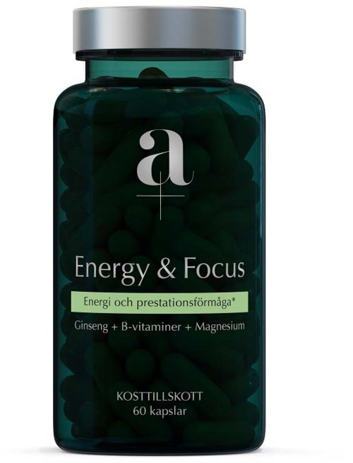 En mørkegrønn flaske merket 'Energy & Focus' med tabletter inni, som inneholder ginseng, B-vitaminer og magnesium, med 60 kapsler.