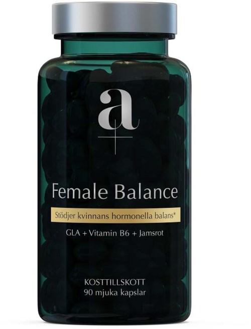 A green bottle labeled 'Female Balance' contains 90 capsules with vitamins, herbs, and supplements for women's hormone health.