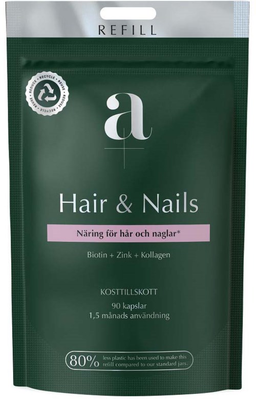 Green refill pouch for hair and nails supplement with biotin, zinc, and collagen. Contains 90 capsules, lasts 1.5 months.