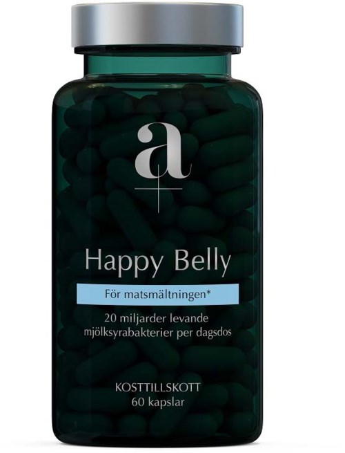 A bottle labeled 'Happy Belly' contains 60 capsules, claimed to promote digestive health with 20 billion probiotic bacteria.