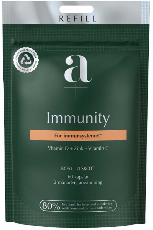Green supplement package with white and peach text, mentioning immunity support with vitamins D, C, and zinc, for two months.