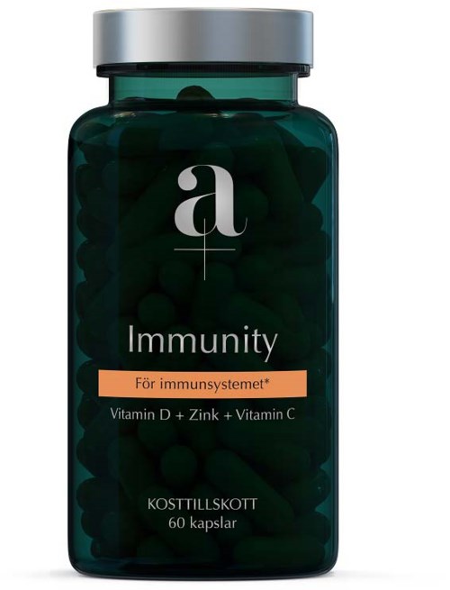 A dark green bottle with a silver lid labeled for immunity support, containing vitamins D, Zink, and C, with 60 capsules.