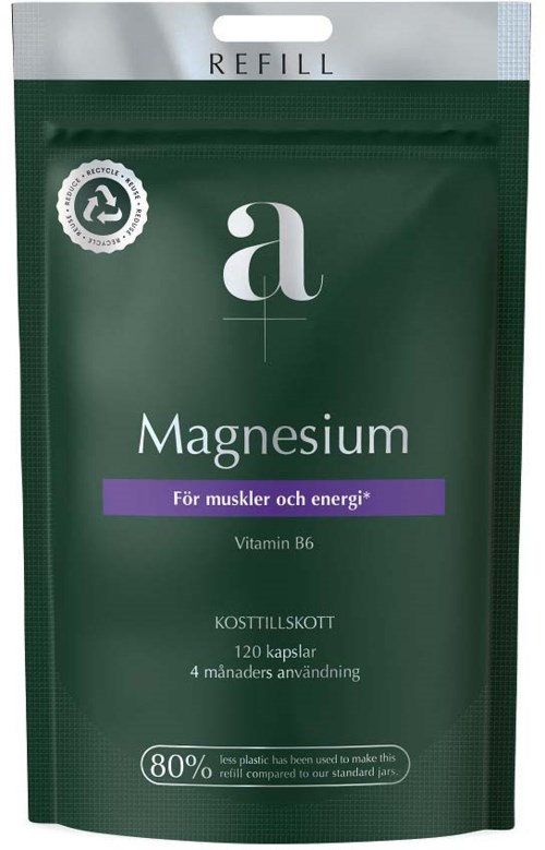 En grön magnesiumpåse med vita och lila etiketter, visar att den är för muskler och energi.