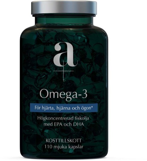 En mørkegrøn flaske mærket Omega-3 kosttilskud til hjerte, hjerne og øjne med 110 bløde kapsler.