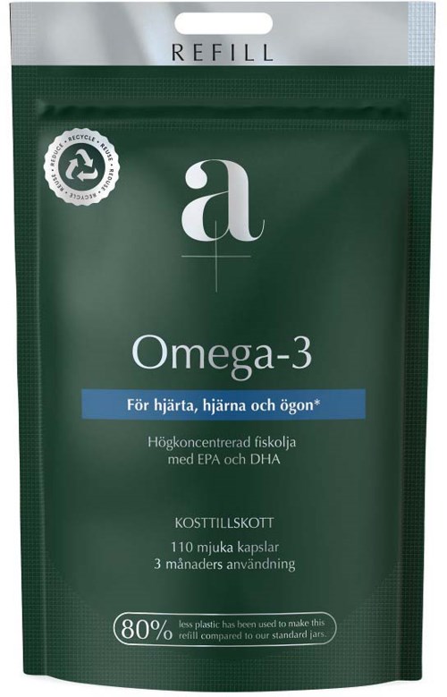 Grønn resealable pose med hvit etikett, fokuserer på Omega-3 kosttilskudd for hjerte og øyne, inneholder 110 myke kapsler.