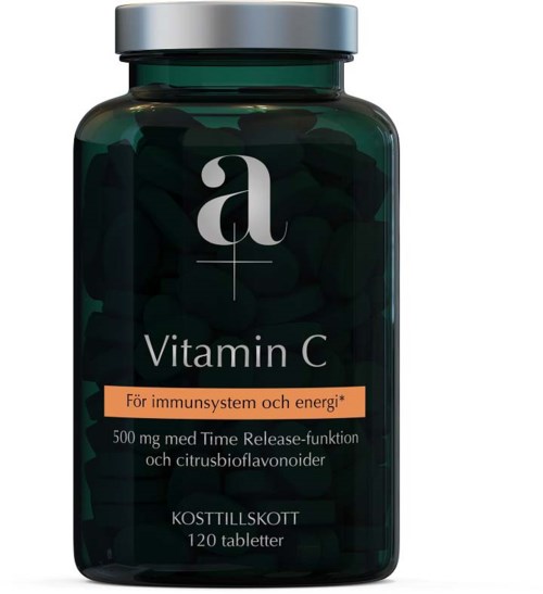 Svart flaske med sølvlokk, etiketten viser 'Vitamin C' og fordeler for immunforsvar og energi, 120 tabletter.