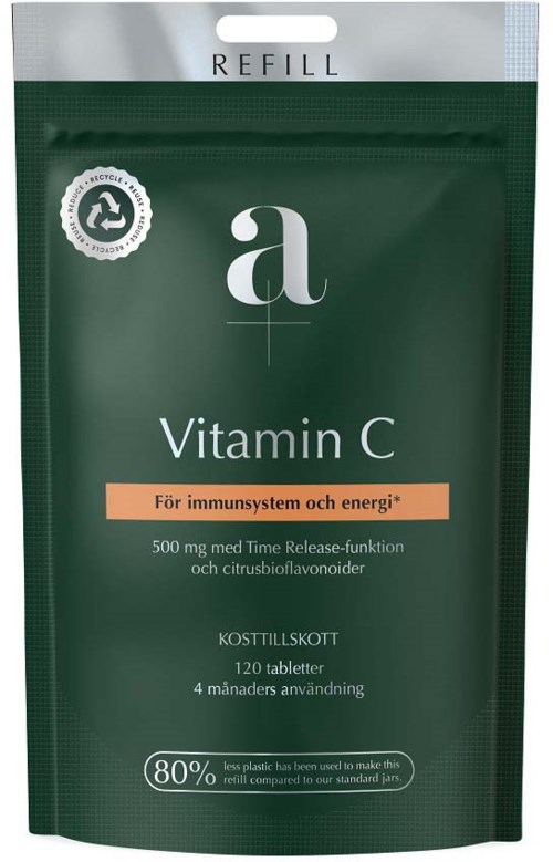 Grönt vitamintillskottsförpackning med vit och orange text, visar att den innehåller 120 tabletter för immunitet och energi.