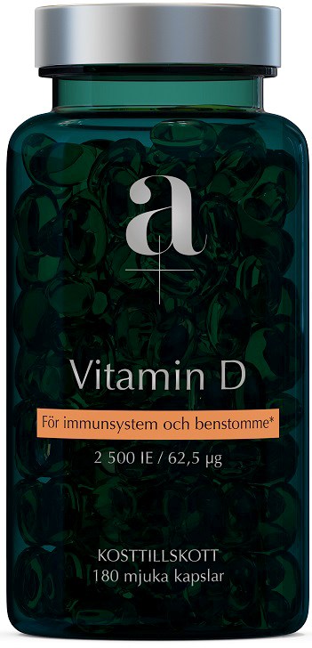 En mørkegrønn flaske med Vitamin D-tilskudd med sølvhette, merket for immunhelse, inneholder 180 myke kapsler.