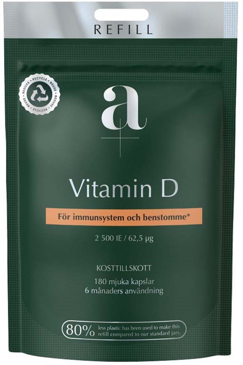 Grön refillförpackning med D-vitamin, stödjer immunförsvaret, 180 kapslar, 6 månaders användning.