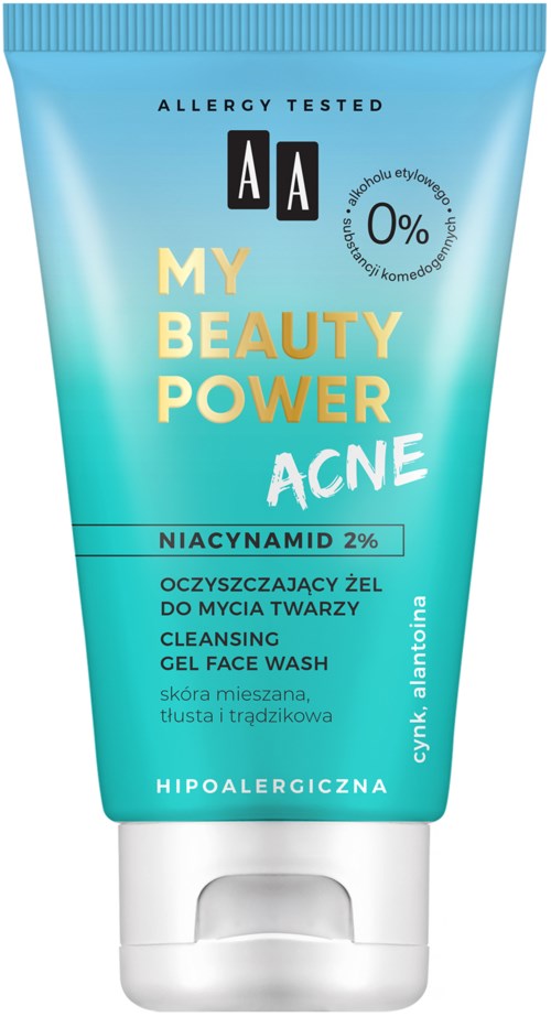 Blue tube of face wash labeled 'My Beauty Power ACNE' with 'Niacinamide 2%' and 'Clear skin' written on it.