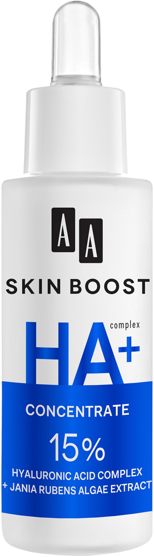 Biała butelka z pipetą, oznaczona AA Skin Boost HA+ koncentrat, zawiera 15% kwasu hialuronowego i inne składniki.