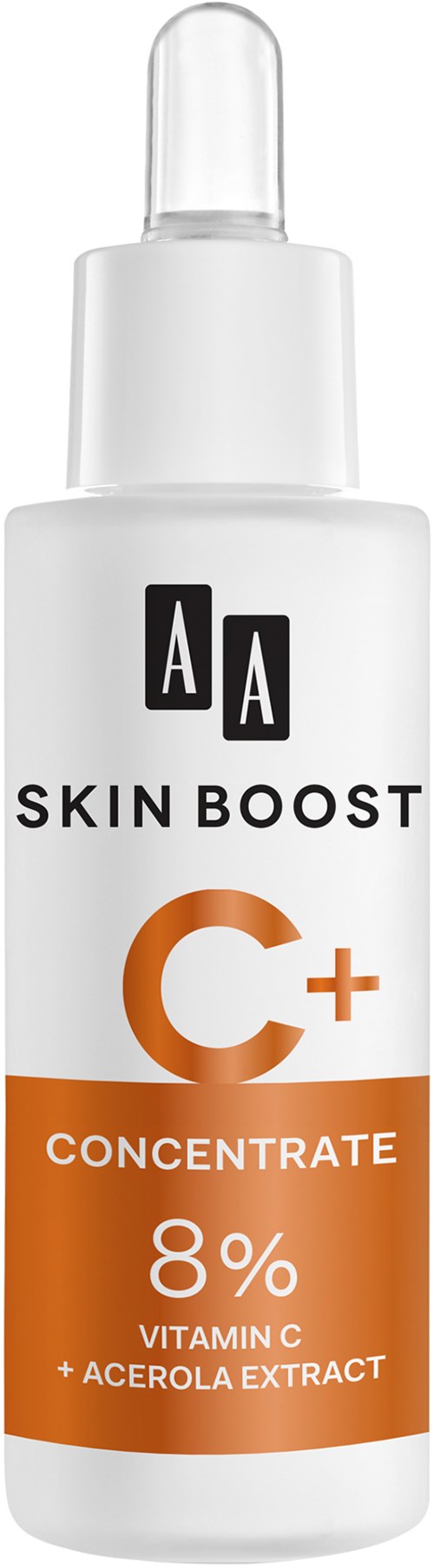 En vit flaska med en pipettodling märkt 'SKIN BOOST C+ CONCENTRATE' som innehåller C-vitamin och acerolaextrakt.