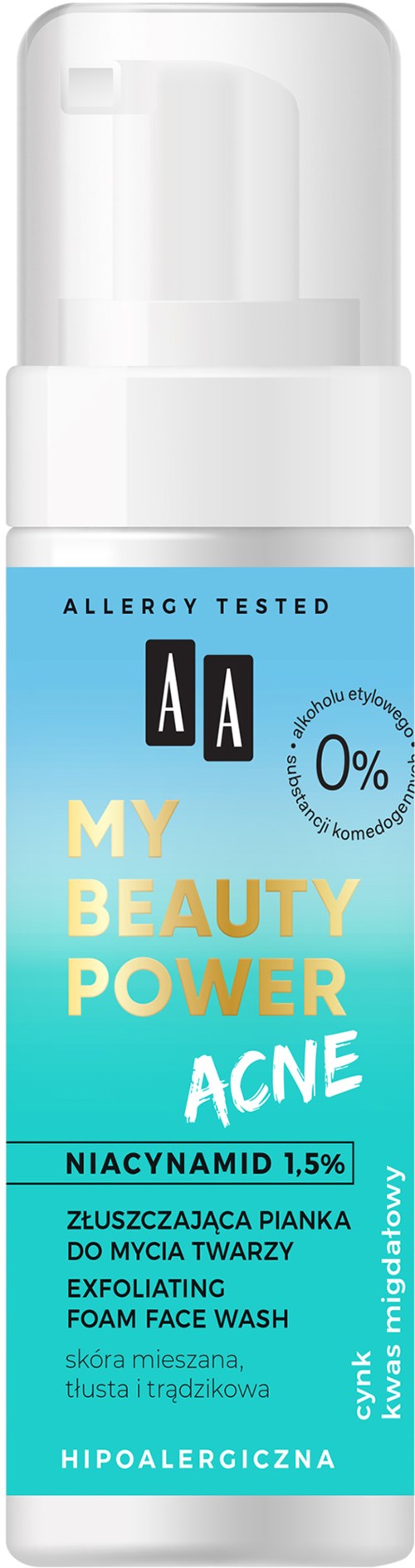A light blue and white foam face wash bottle labeled for acne with ingredients and allergy tested marks.