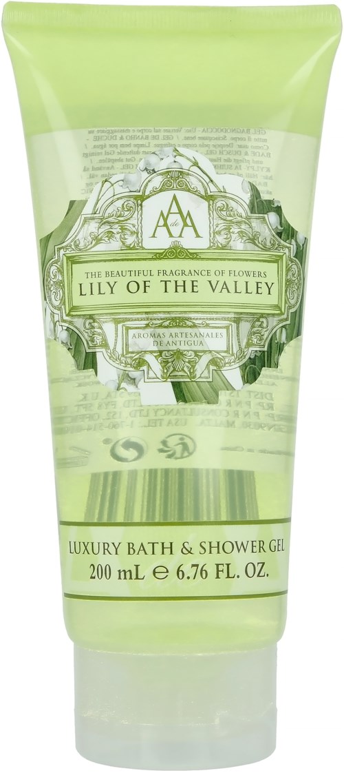 Zielona tubka z żelem do kąpieli i pod prysznic Lily of the Valley, 200 ml, z ozdobną etykietą. Skup się na opakowaniu i rozmiarze.
