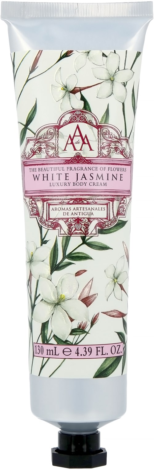 Tubo kremu do ciała z białymi kwiatami i zielonymi liśćmi na opakowaniu. Nazywa się White Jasmine.