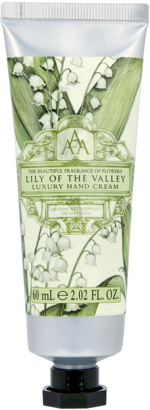 Biała tubka z zielonymi zawilcami, oznaczona Lily of the Valley luksusowa krem do rąk, 60 ml.