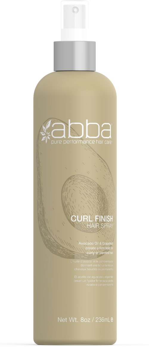 En beige flaske med hvid sprayhætte, mærket 'Abba Curl Finish' til hårstyling.
