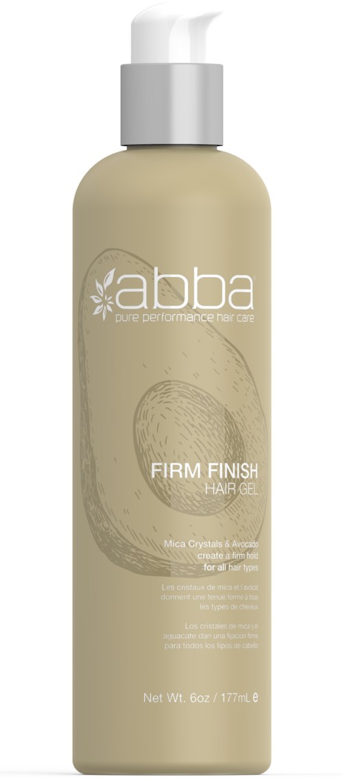 En lotionflaska märkt 'aban FIRM FINISH HAIR GEL' med vit pump, beige kropp och växtmönster.
