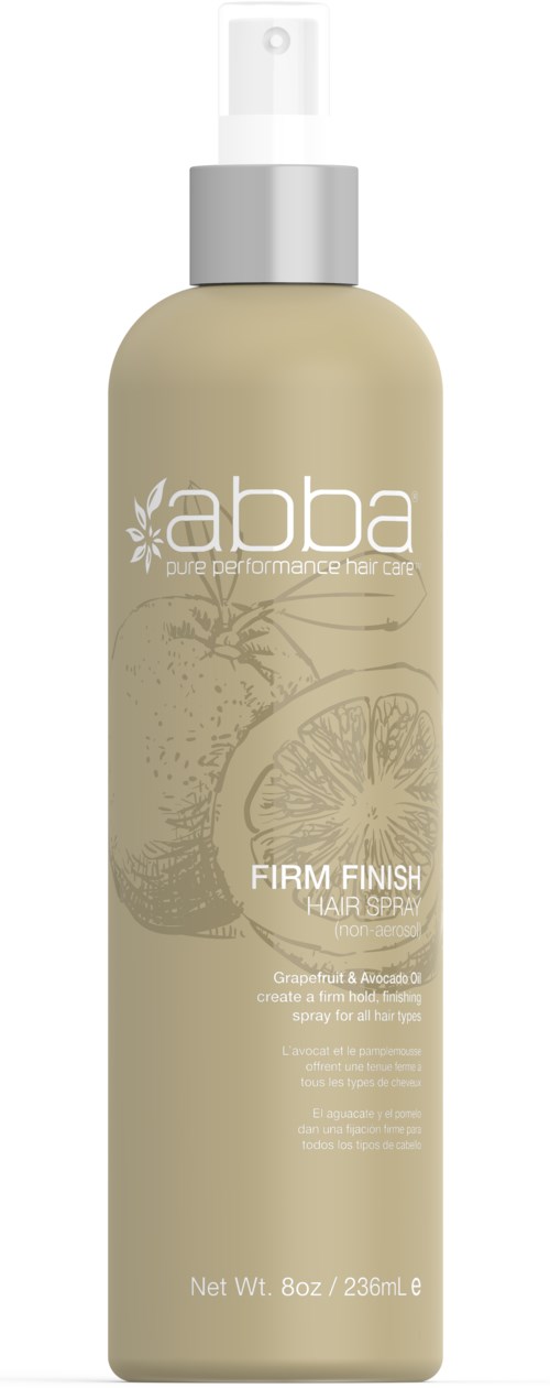En beige hårsprayflaska med vitt spraylock, märkt 'abba' och 'Firm Finish' för hårets stadga.
