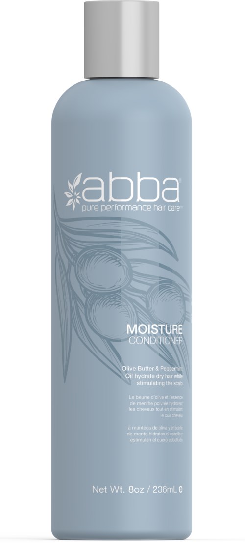 En lys blå flaske merket 'abba' med sølvkork. Den sier 'Moisture Conditioner' og har en design av bølger og sirkler.