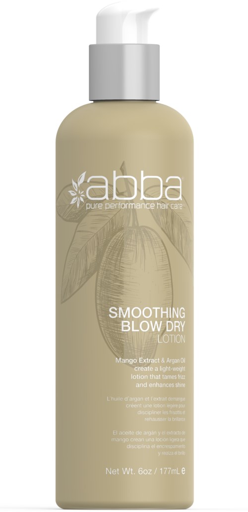 En beige flaska märkt 'Abha Smoothing Blow Dry Lotion' med pump, med en mangoillustration och produktinformation.
