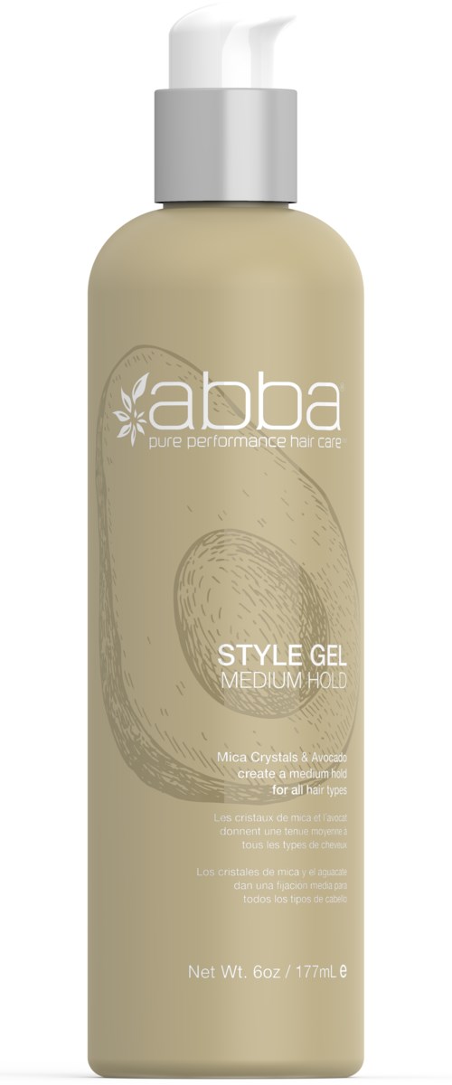 En beige flaska med vit pump innehåller Aba Style Gel för medium hår, 6 ounces eller 177 milliliter.