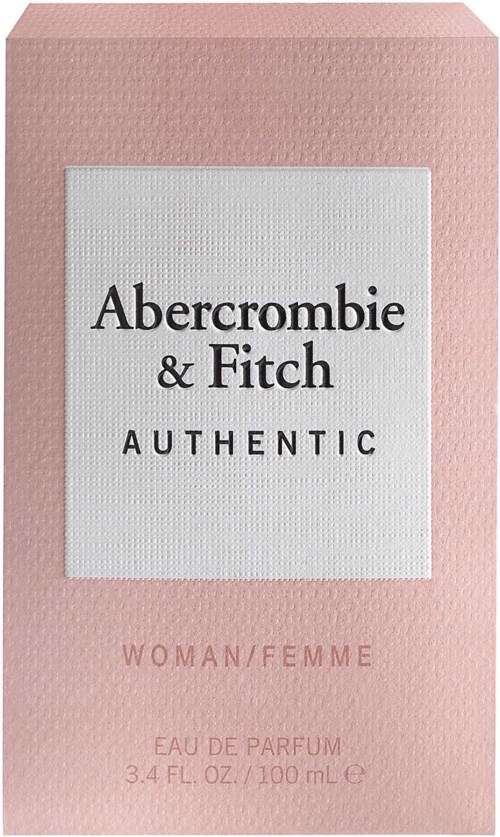 Pink box för Abercrombie & Fitch parfym, märkt 'Authentic' för kvinnor, 3,4 fluid ounces.