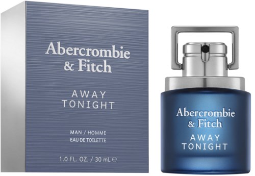 En parfyllflaska och förpackning i blått och silver, märkt Abercrombie & Fitch Away Tonight, för män.