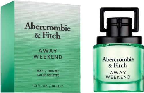 En parfymflaska och box märkt "Abercrombie & Fitch Away Weekend" i grönt emballage.