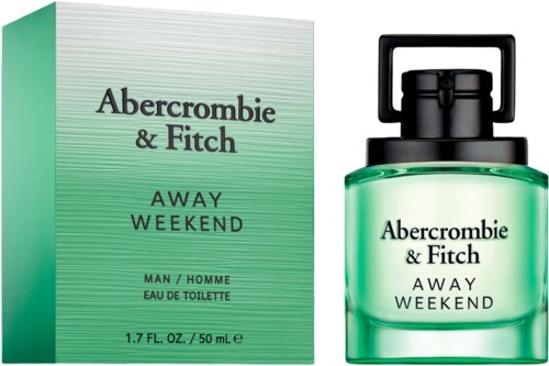 En parfyllflaska och box för Abercrombie & Fitch Away Weekend, med gröna flaskor och svart lock.