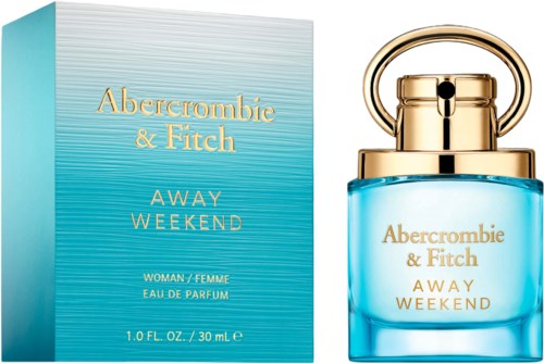En parfyllåda och flaska med blå och guldfärger, märkt Abercrombie & Fitch Away Weekend för kvinnor.