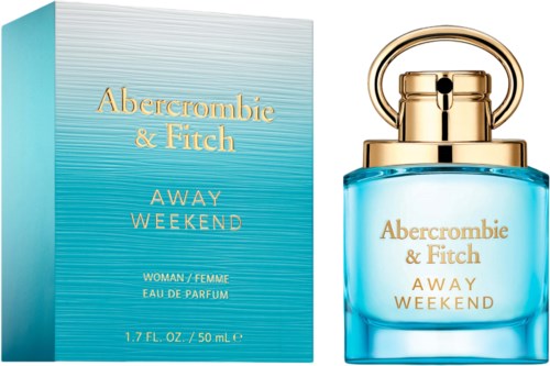 En blå parfymflaska och låda med guldtext för Abercrombie & Fitch Away Weekend.