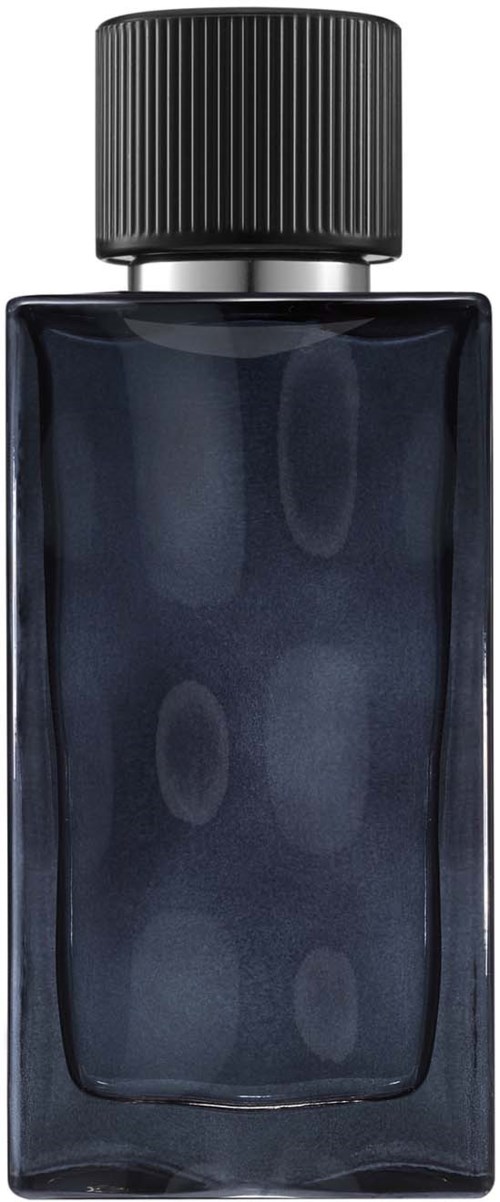 Ein dunkelblauer Parfümflasche mit schwarzem, geripptem Deckel.